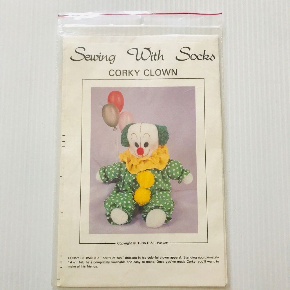 Sewing With Socks CORKY CLOWN 14.5" Tall Soft Plush Made from Socks Uncut 1986